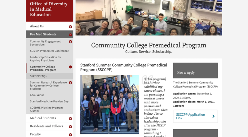 Screen shot of the Stanford Summer Community College Premedical Program home page