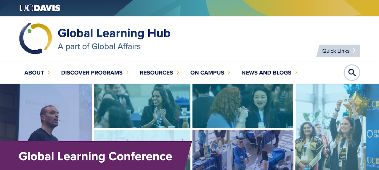 Screenshot image of the UC Davis Global Learning Hub page, featuring instructors and students.